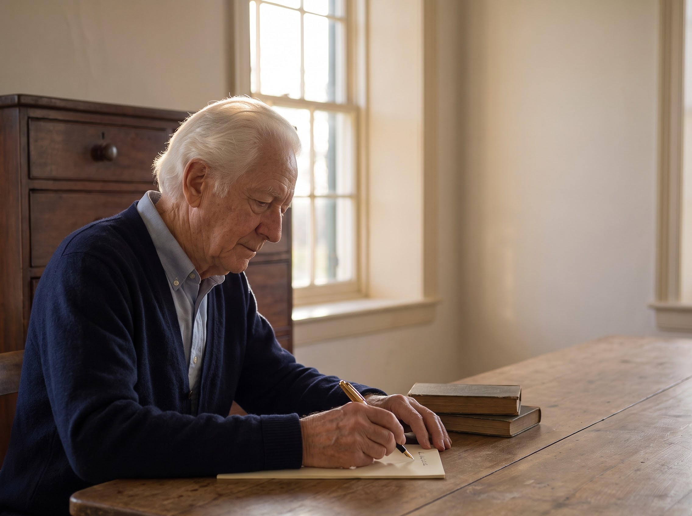 Arthur Mead seated at his desk with a finished letter