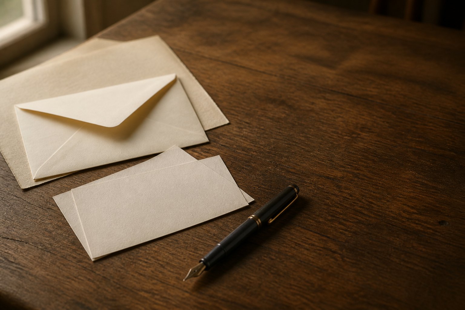 A finished letter, envelope, and fountain pen on a warm wooden table