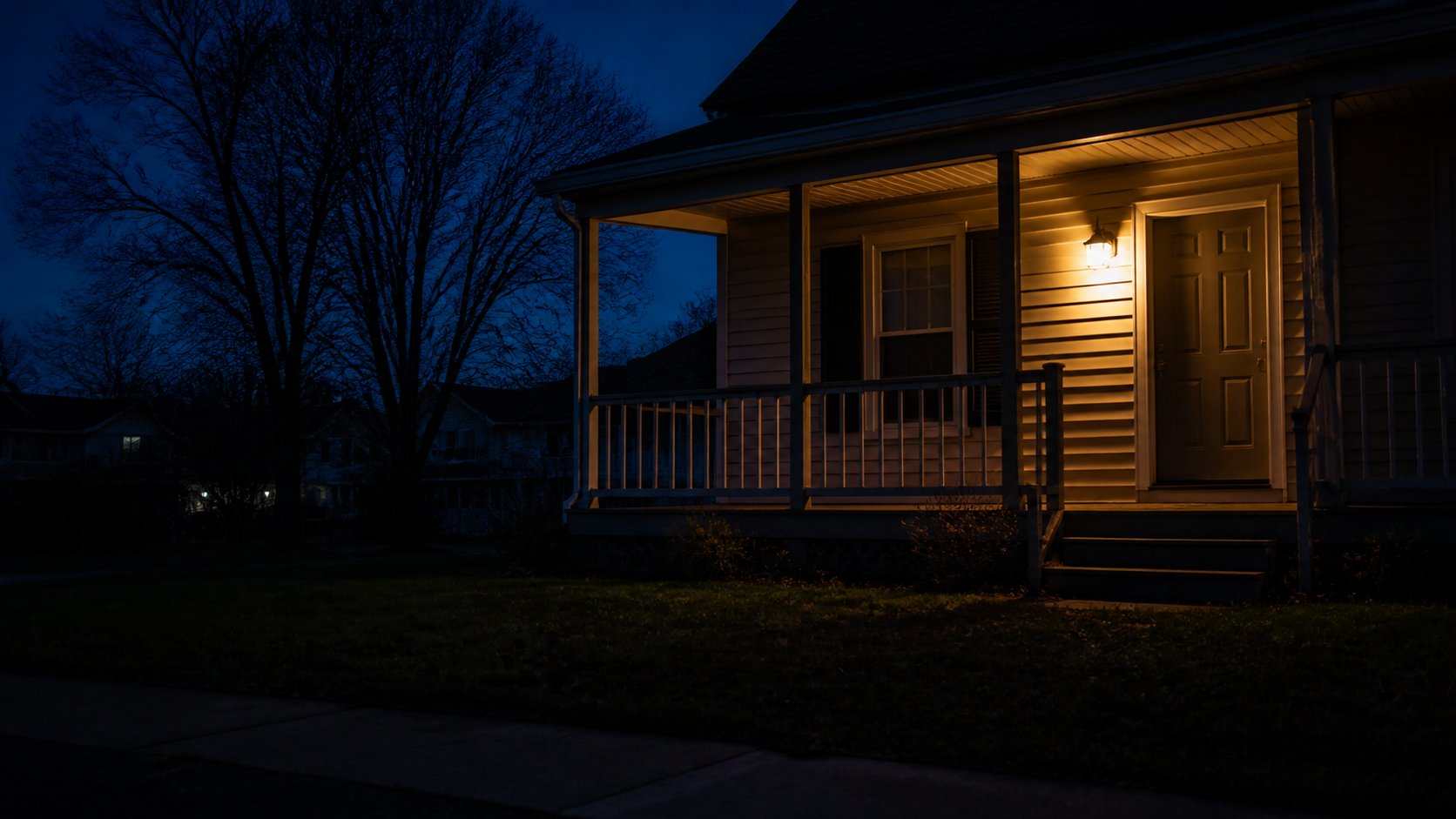 A quiet house at dusk with one porch light left on
